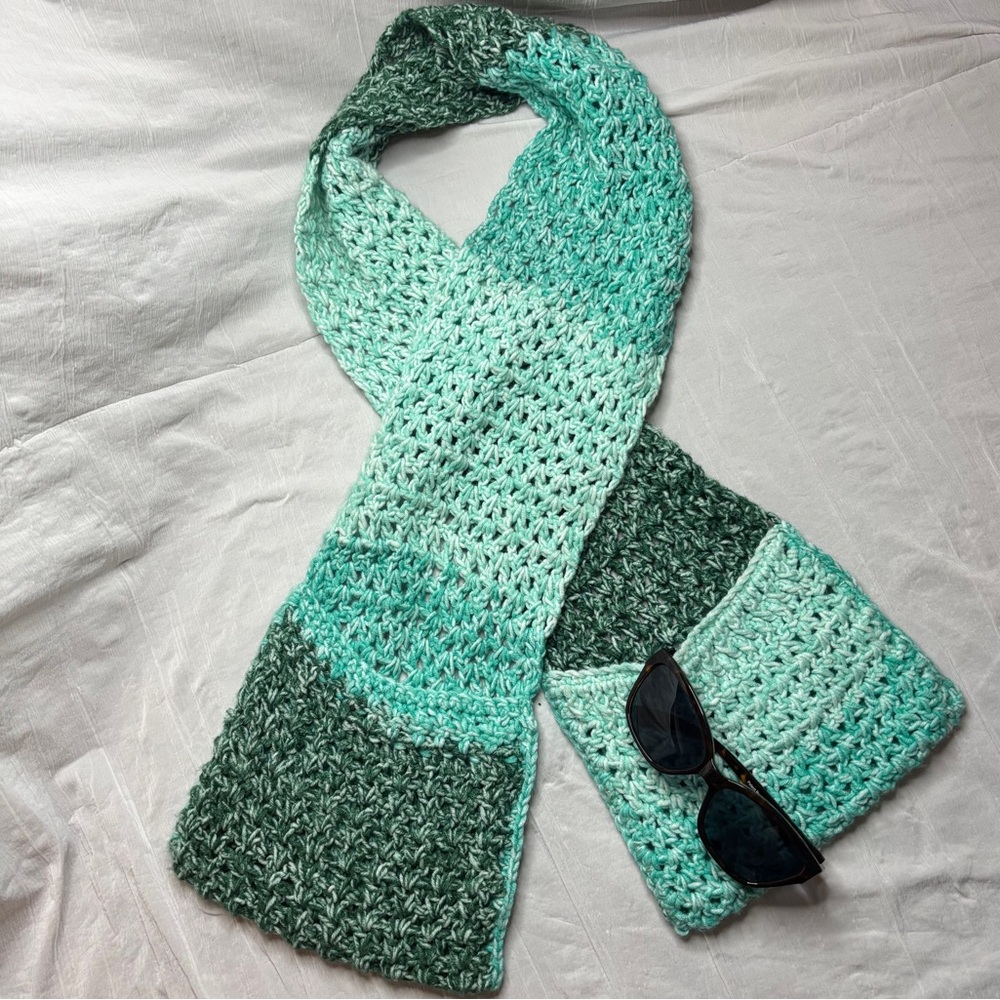 Handmade Scarf With POCKETS! Crocheted Multi Green New